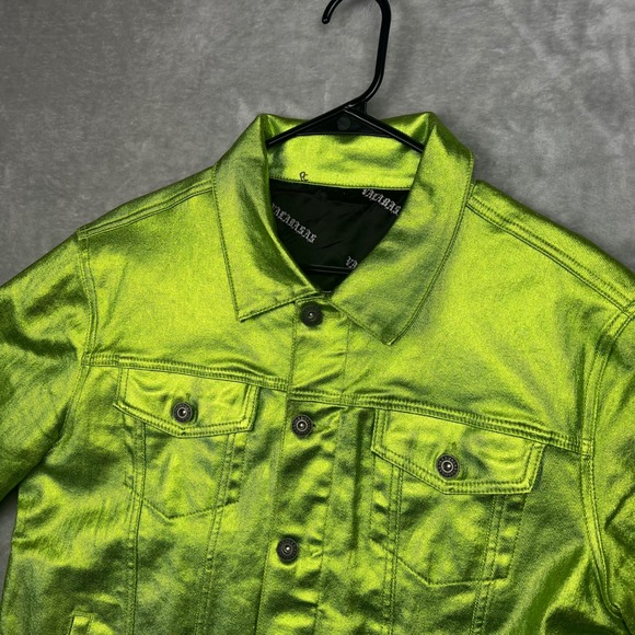Valabasas Da Vinci Mens Metallic Denim Jacket Lime Green Neon Streetwear Size M - Picture 13 of 16